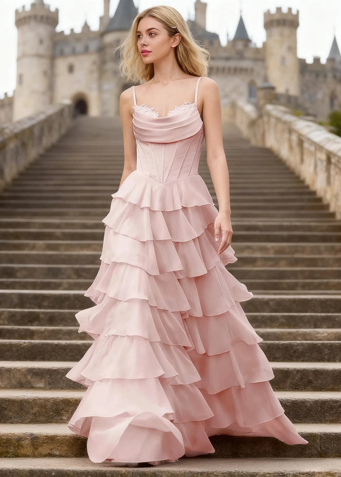 Penumbra Powder Pink Corset Ruffle Prom Dress | A - Line Cowl Neck Lace Tiered Pleated Dress with Slit - US0 - PromDressClub