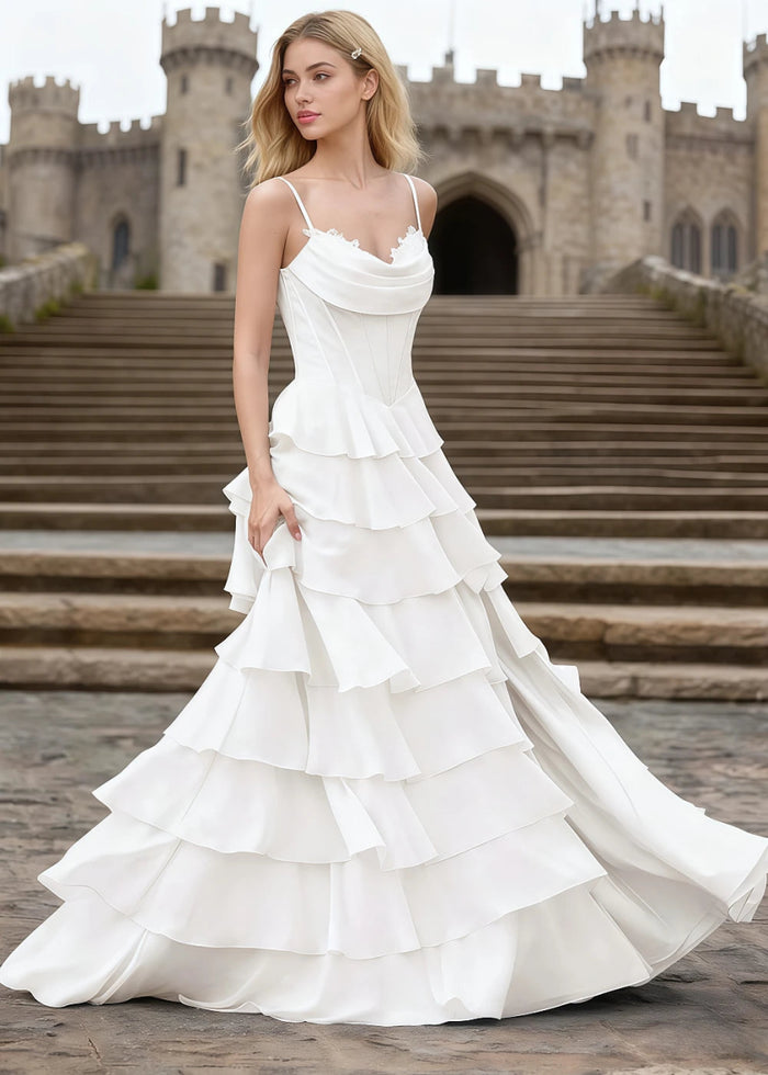 Penumbra White Corset Ruffle Prom Dress | A - Line Cowl Neck Lace Tiered Pleated Dress with Slit - US0 - PromDressClub