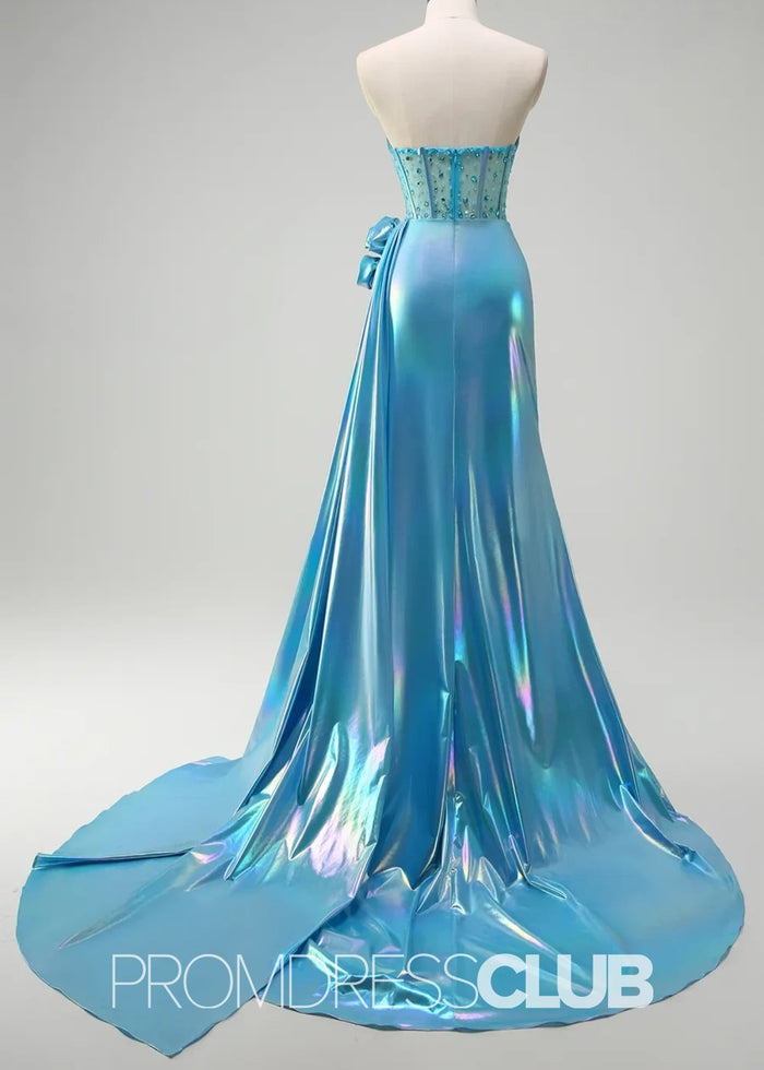 Phyllis |Metallic White Prom Dresses Near Me With Strapless Mermaid Beaded Corset Cape - Price #price_variant_lowest# - Light Blue - PromDressClub