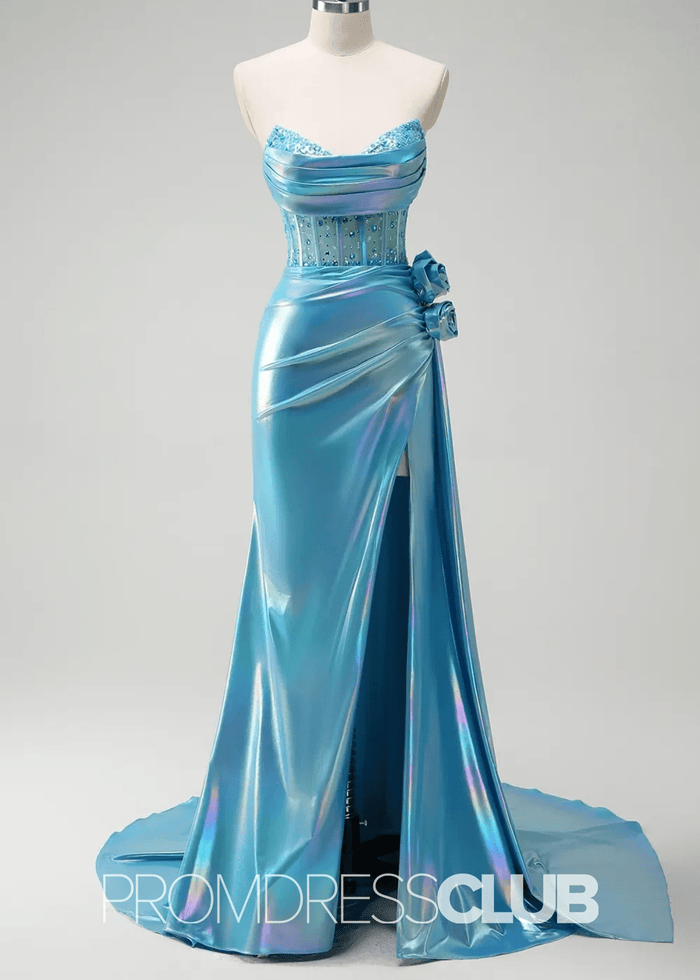 Phyllis |Metallic White Prom Dresses Near Me With Strapless Mermaid Beaded Corset Cape - Price #price_variant_lowest# - Light Blue - PromDressClub