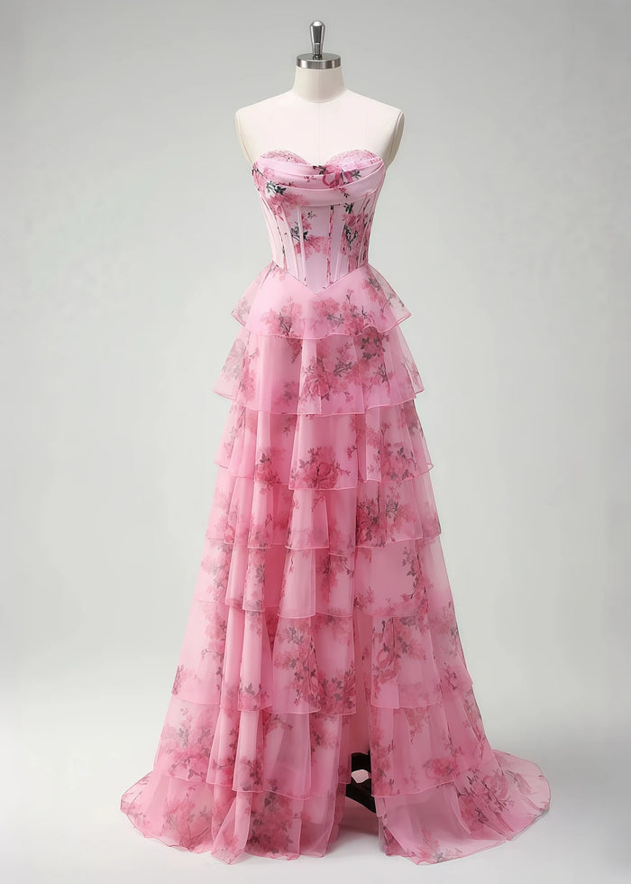 Pia Corset Hot Pink Floral Prom Dress Ruffles | A - Line Strapless Lace Detail Slit Formal Dress - Hot Pink Floral - PromDressClub
