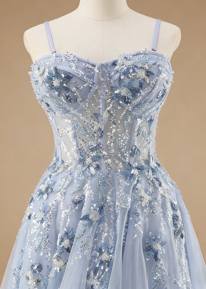 Pippa Sequin Blue Corset Dress Prom | A - Line Strapless Sweetheart Neckline Tulle Formal Dress with Appliques - Blue - PromDressClub