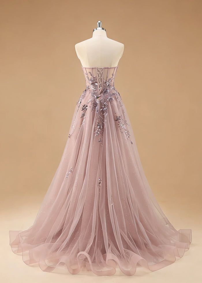 Pippa Sequin Dusty Rose Corset Dress Prom | A - Line Strapless Sweetheart Neckline Tulle Formal Dress with Appliques - Dusty Rose - PromDressClub