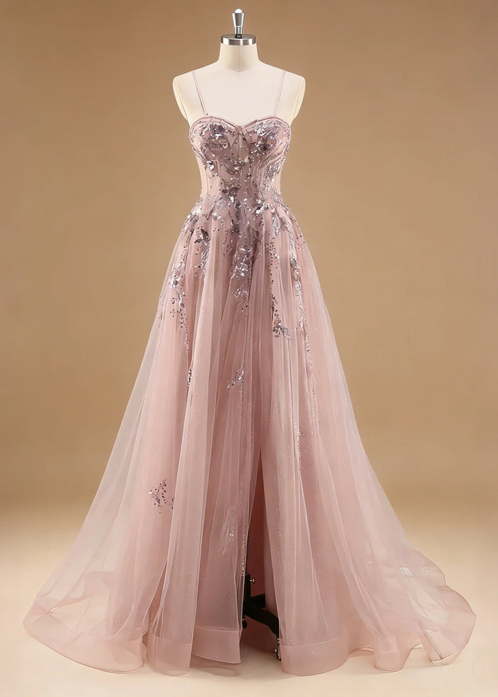 Pippa Sequin Dusty Rose Corset Dress Prom | A - Line Strapless Sweetheart Neckline Tulle Formal Dress with Appliques - Dusty Rose - PromDressClub