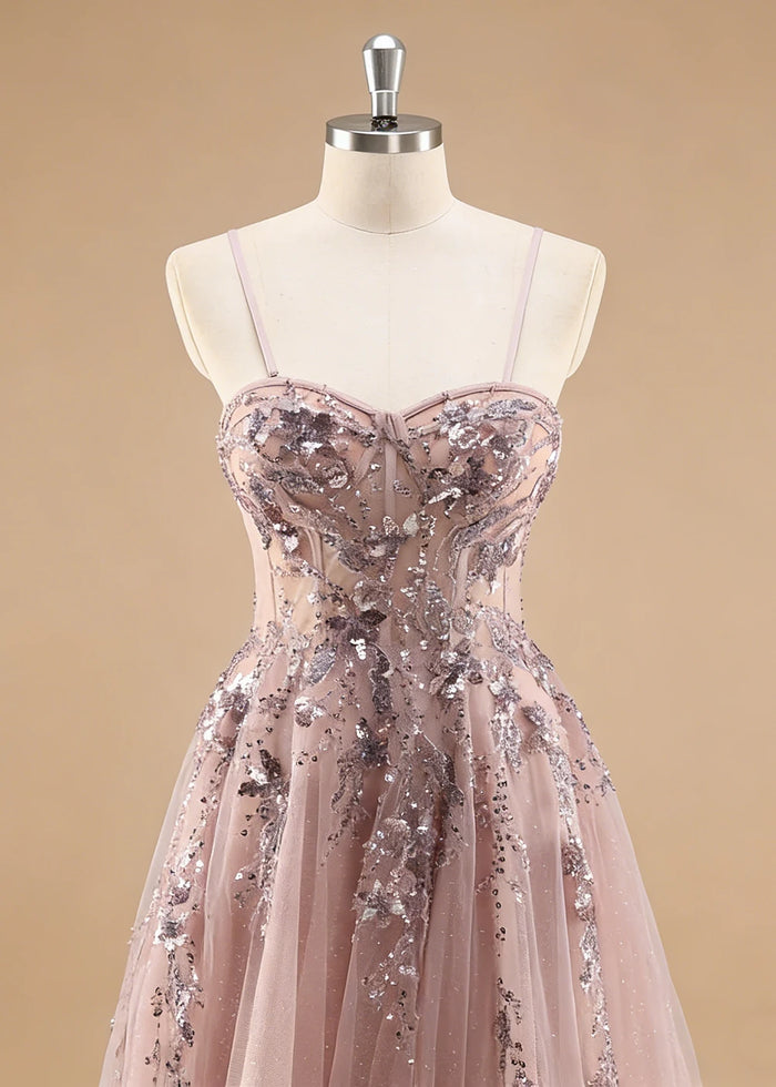 Pippa Sequin Dusty Rose Corset Dress Prom | A - Line Strapless Sweetheart Neckline Tulle Formal Dress with Appliques - Dusty Rose - PromDressClub