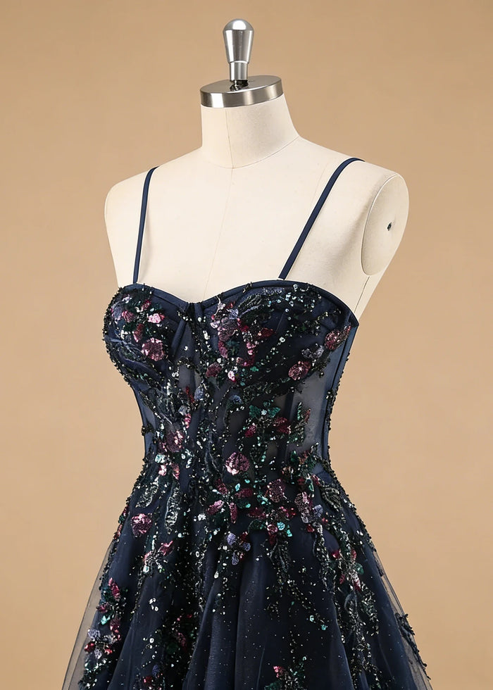 Pippa Sequin Navy Blue Corset Dress Prom | A - Line Strapless Sweetheart Neckline Tulle Formal Dress with Appliques - Navy Blue - PromDressClub