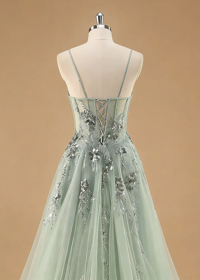 Pippa Sequin Sage Green Corset Dress Prom | A - Line Strapless Sweetheart Neckline Tulle Formal Dress with Appliques - Sage Green - PromDressClub