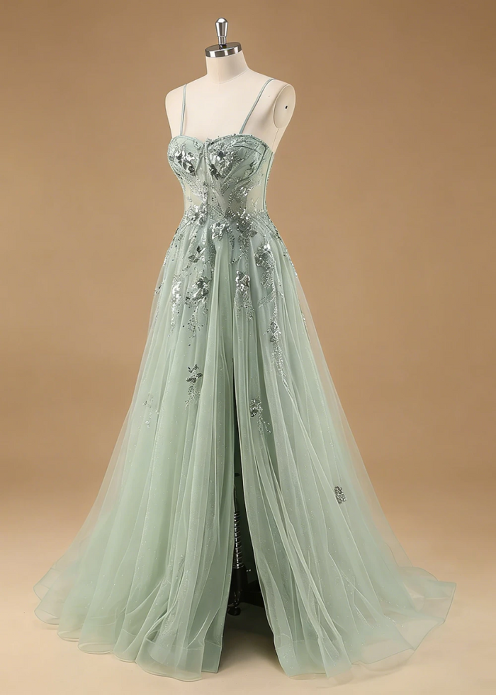 Pippa Sequin Sage Green Corset Dress Prom | A - Line Strapless Sweetheart Neckline Tulle Formal Dress with Appliques - Sage Green - PromDressClub