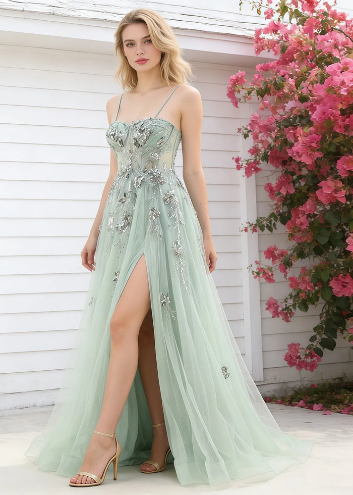 Pippa Sequin Sage Green Corset Dress Prom | A - Line Strapless Sweetheart Neckline Tulle Formal Dress with Appliques - Sage Green - PromDressClub