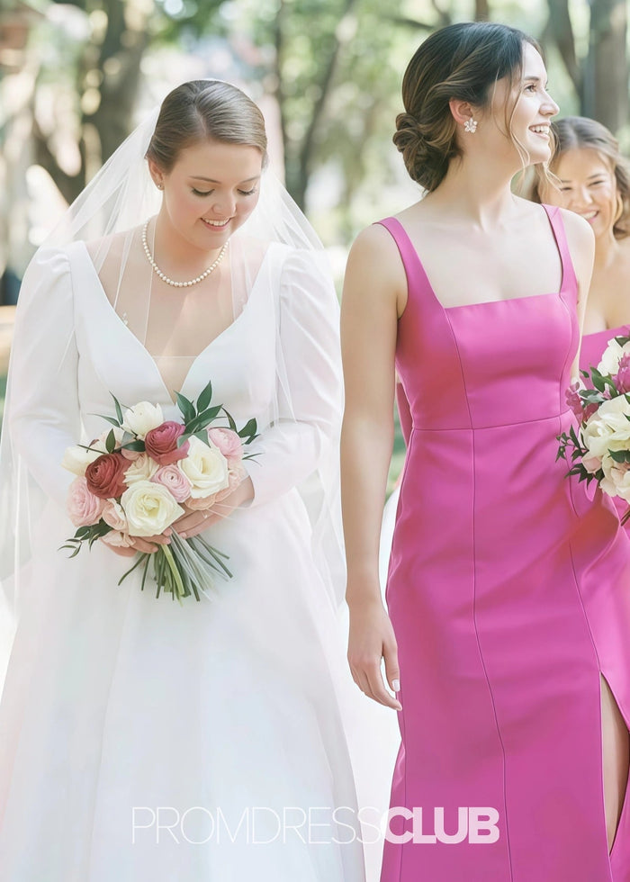 Poppy | Sheath Column Bow Hot Pink Satin Long Bridesmaid Dress - Price #price_variant_lowest# - Hot Pink - PromDressClub