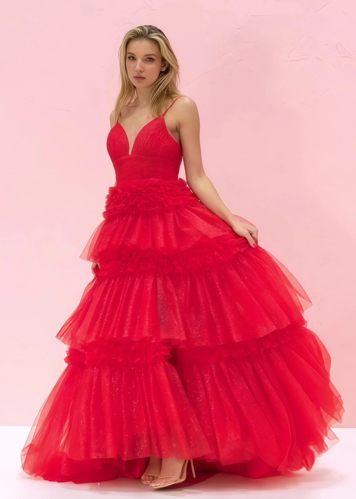 Deep V Neck Sweetheart Tiered Tulle Spaghetti Straps Red Long Prom Dress