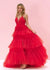 Deep V Neck Sweetheart Tiered Tulle Spaghetti Straps Red Long Prom Dress