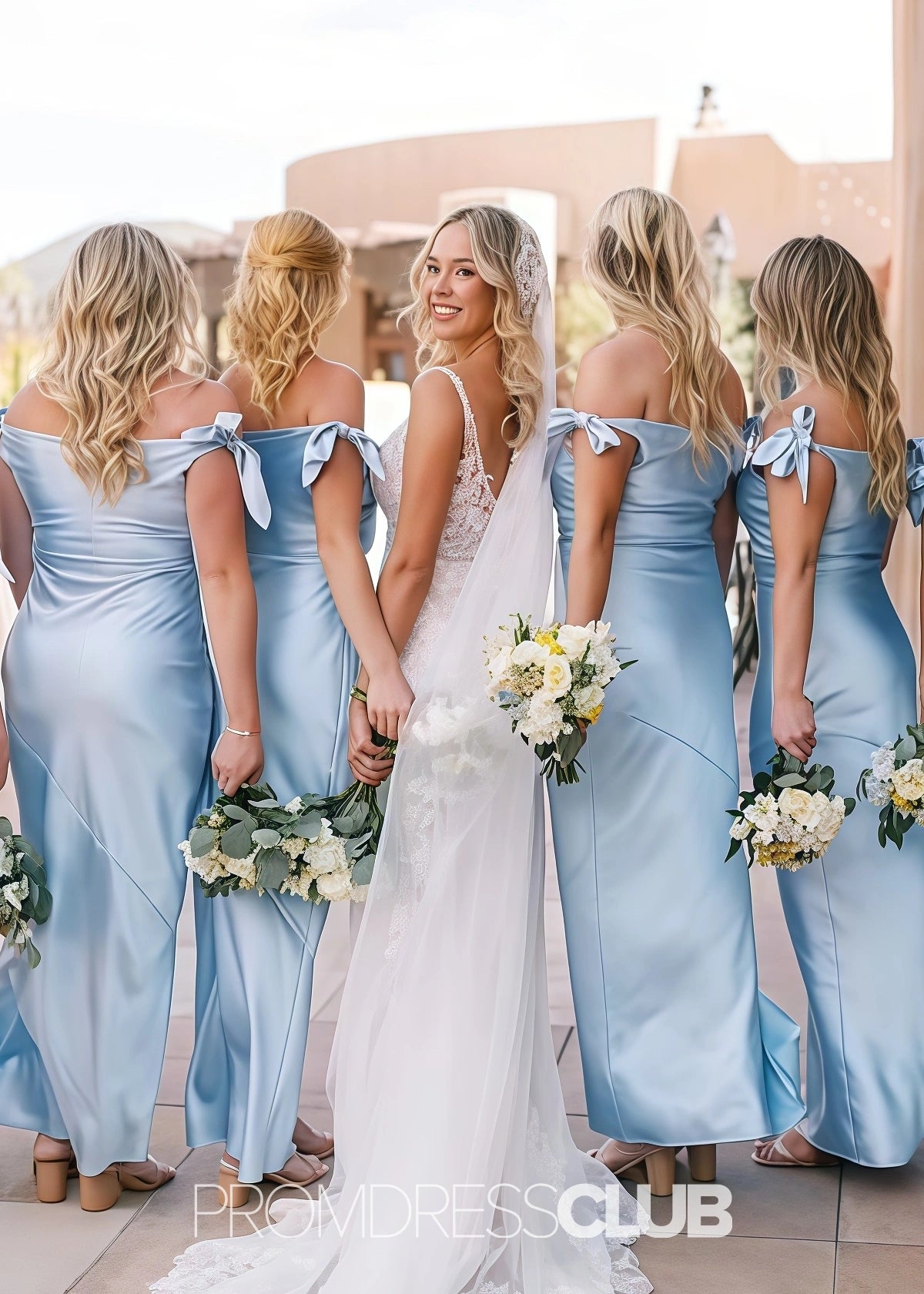 Prima | Sheath Column Bow Pleated Light Blue Satin Long Bridesmaid Dress - Light Blue - PROMDRESS Club