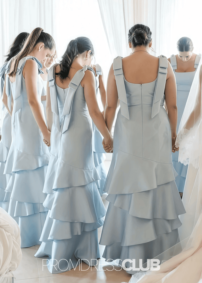 Prudence | Sheath Column Bows Tiered Light Blue Satin Long Bridesmaid Dress - Price #price_variant_lowest# - Light Blue - PromDressClub