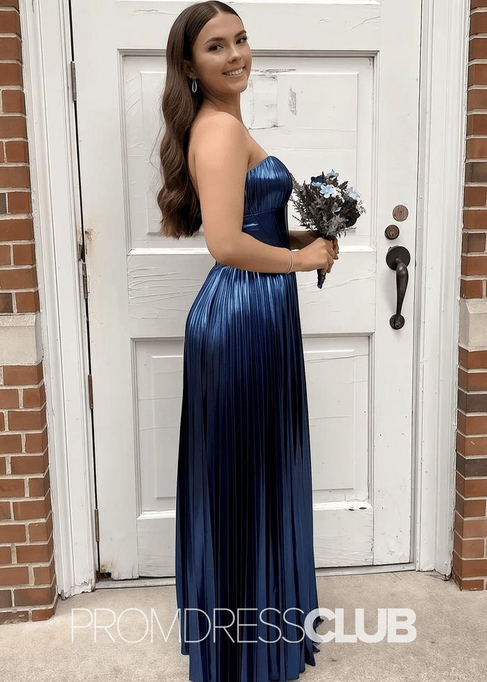 Queena |Navy Blue Metallic Long Prom Dresses Websites With Sweetheart Pleated A - Line Corset Slit - Price #price_variant_lowest# - Navy Blue - PromDressClub