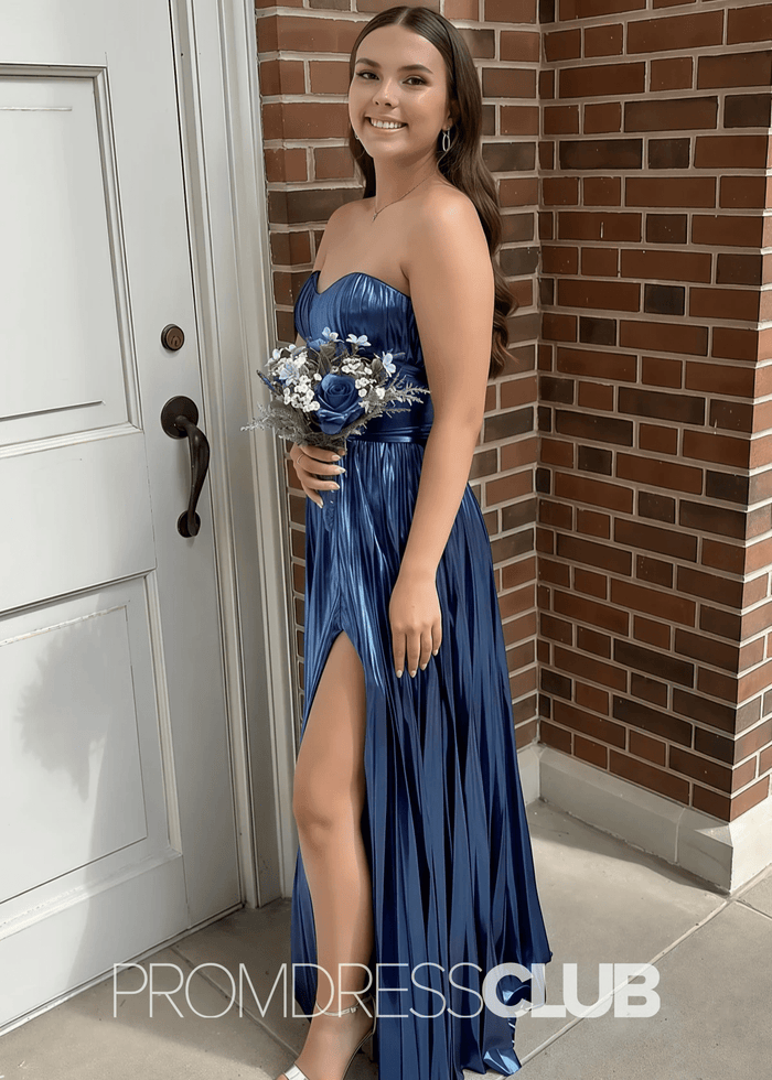 Queena |Navy Blue Metallic Long Prom Dresses Websites With Sweetheart Pleated A - Line Corset Slit - Price #price_variant_lowest# - Navy Blue - PromDressClub