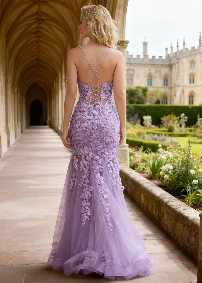 Quinn Lavender Flower Mermaid Prom Dress | Spaghetti Strap V - Neck Open Back Tulle Gown - Lavender - PromDressClub