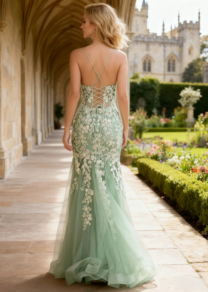 Quinn Light Green Flower Mermaid Prom Dress | Spaghetti Strap V - Neck Open Back Tulle Gown - Light Green - PromDressClub