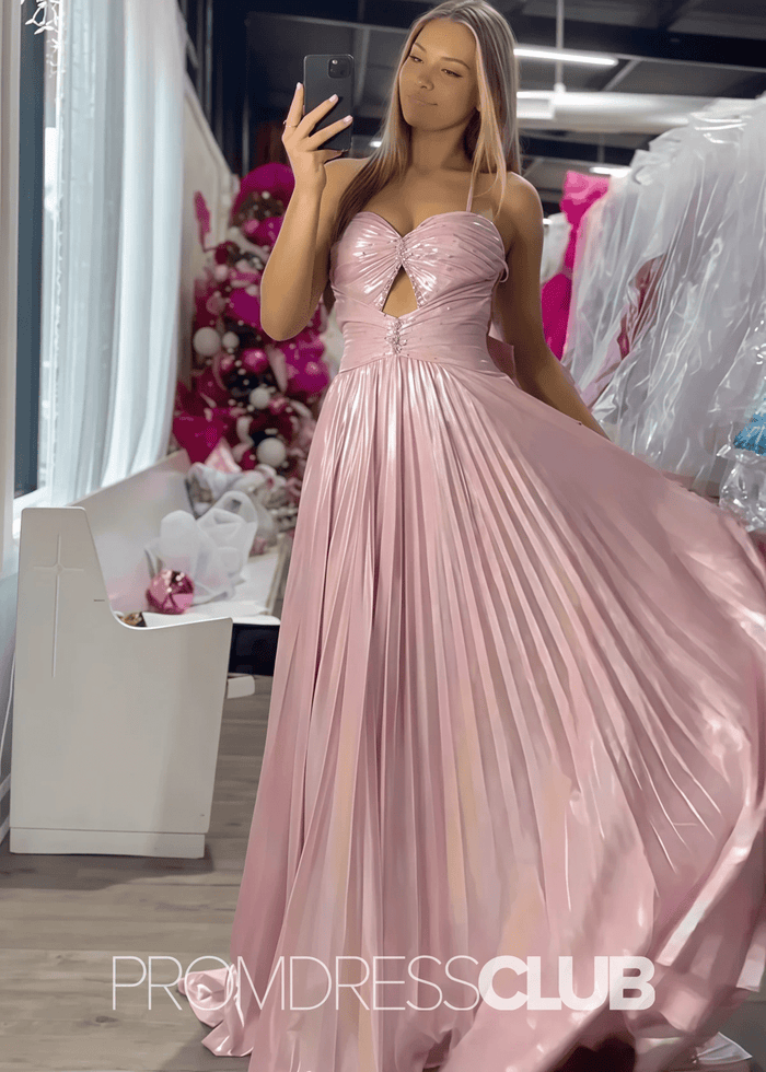 Rae |Long Fuchsia Metallic Prom Dresses Websites With A Line Spaghetti Straps Pleated Slit - Price #price_variant_lowest# - Blush - PromDressClub