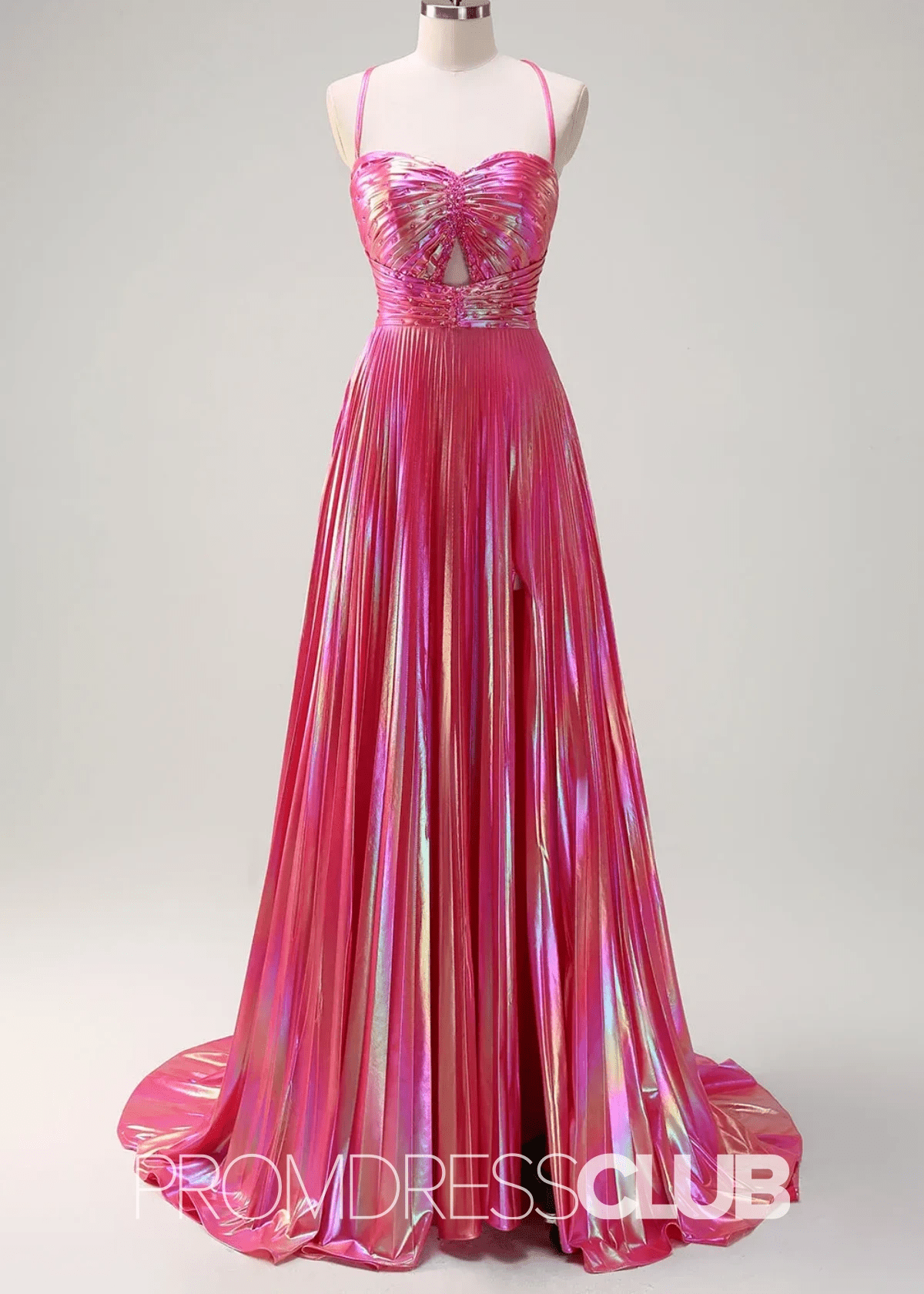 Rae |Long Fuchsia Metallic Prom Dresses Websites With A Line Spaghetti Straps Pleated Slit - Price #price_variant_lowest# - Fuchsia - PromDressClub