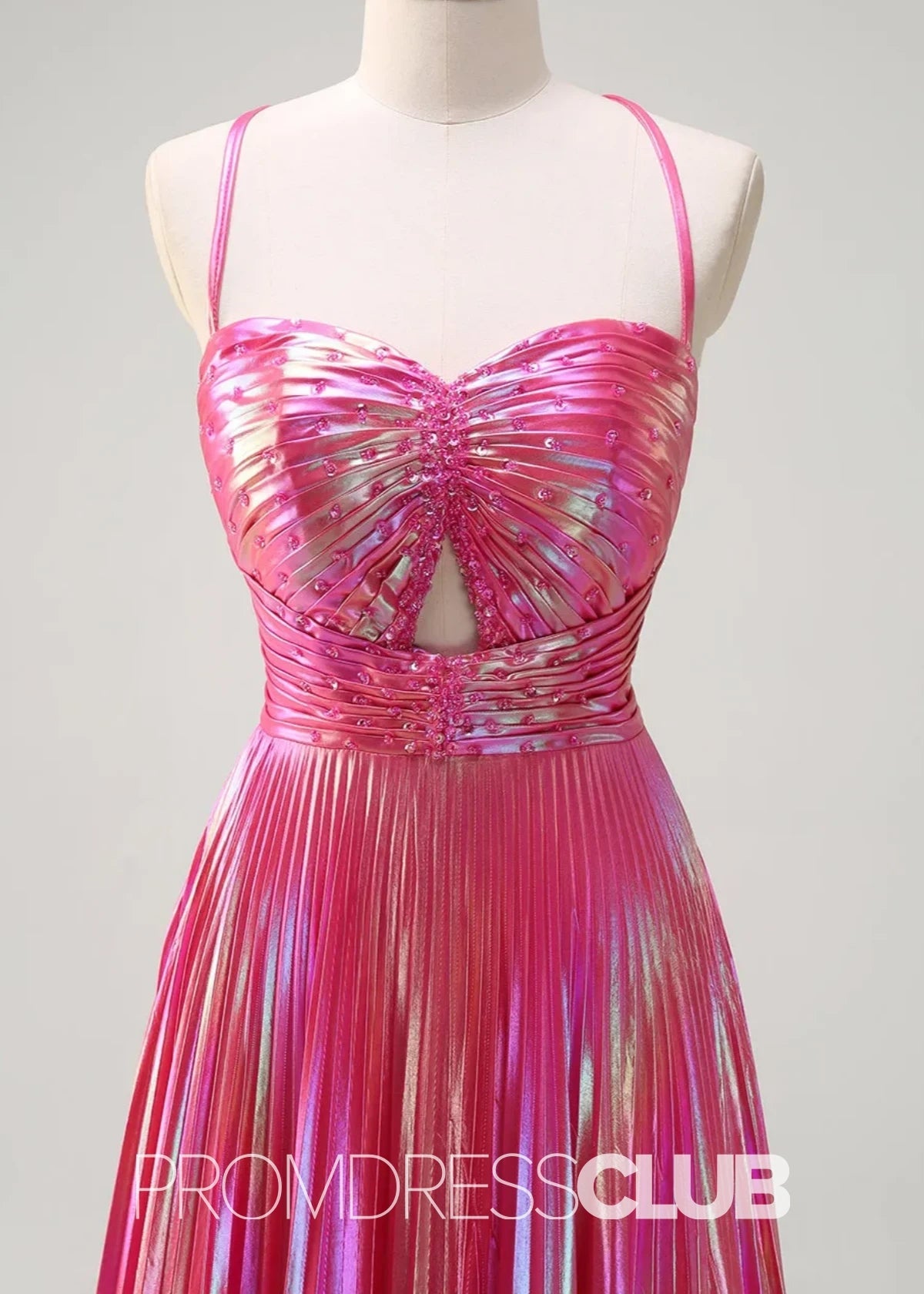 Rae |Long Fuchsia Metallic Prom Dresses Websites With A Line Spaghetti Straps Pleated Slit - Price #price_variant_lowest# - Fuchsia - PromDressClub