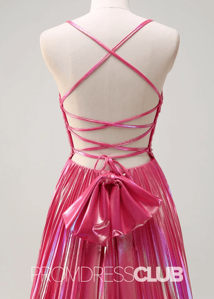Rae |Long Fuchsia Metallic Prom Dresses Websites With A Line Spaghetti Straps Pleated Slit - Price #price_variant_lowest# - Fuchsia - PromDressClub