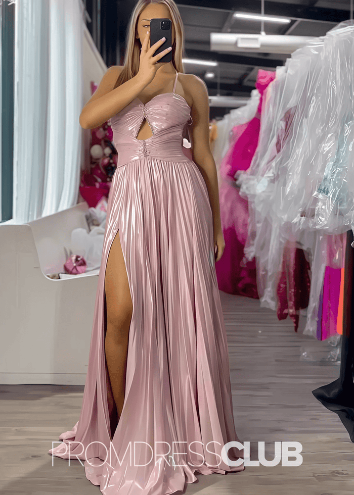 Rae |Long Fuchsia Metallic Prom Dresses Websites With A Line Spaghetti Straps Pleated Slit - Price #price_variant_lowest# - Blush - PromDressClub