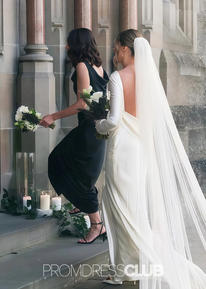 Rae | Mermaid Cowl Neck Black Satin Long Bridesmaid Dress - Price #price_variant_lowest# - Black - PromDressClub