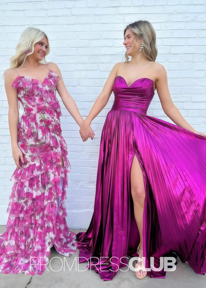 Regina |Fuchsia Metallic Long Prom Dresses Websites With A Line Sweetheart Pleated Slit - Price #price_variant_lowest# - Fuchsia - PromDressClub