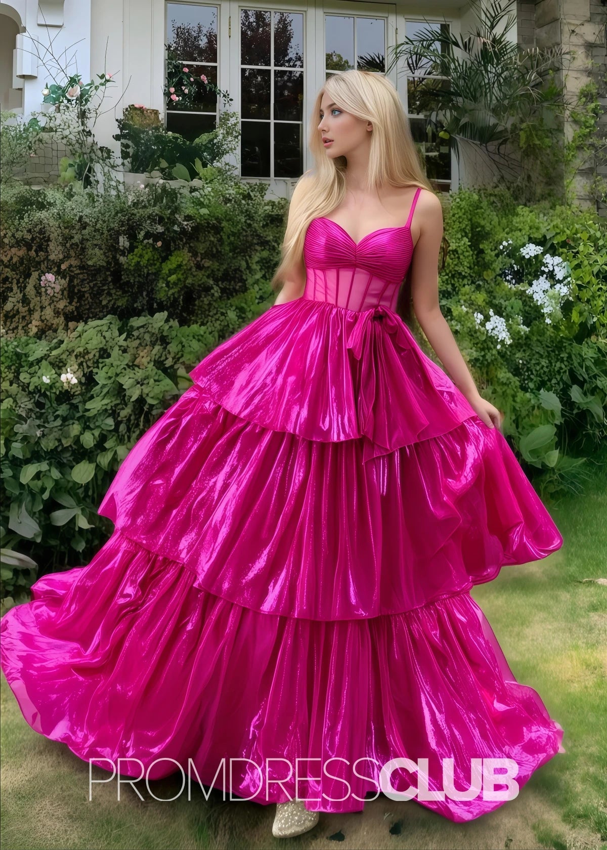 Renata |Long Fuchsia Metallic Prom Dresses Websites With Spaghetti Straps A - Line Tiered Corset Bow - Fuchsia - PromDressClub