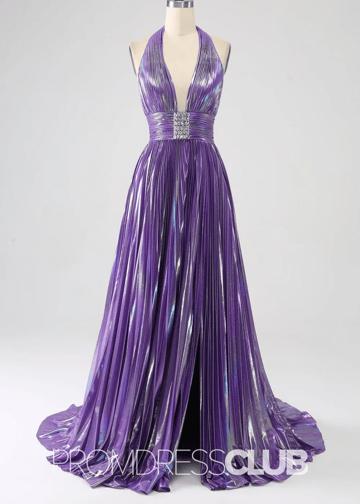 Renee |Long Blue Metallic Prom Dresses Websites With Halter Neck A - Line Pleated Slit - Price #price_variant_lowest# - Purple - PromDressClub