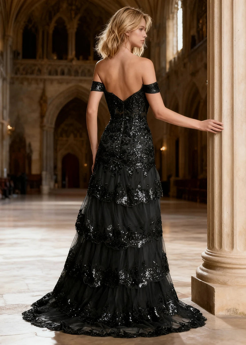 Reverie Black Ruffle Off the Shoulder Prom Dress | Mermaid Sweetheart Strapless Sequin Dress Split - US0 - PromDressClub