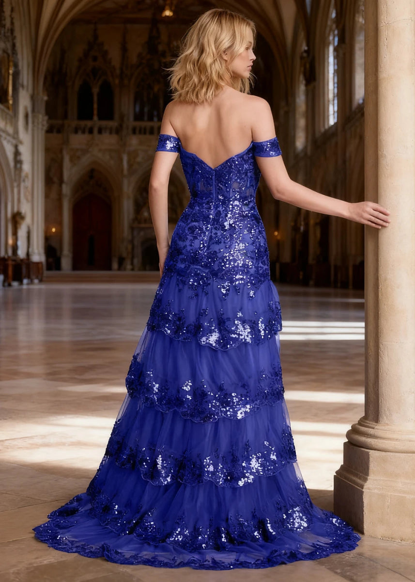 Reverie Royal Blue Ruffle Off the Shoulder Prom Dress | Mermaid Sweetheart Strapless Sequin Dress Split - US0 - PromDressClub
