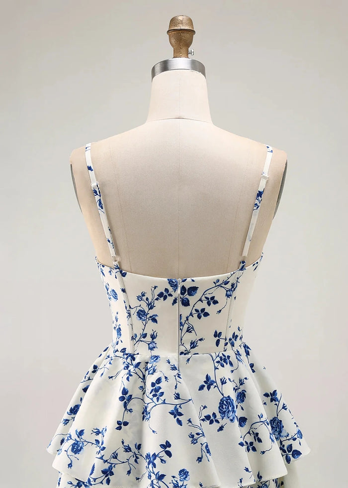Rhea Floral Blue Prom Dress Ruffles | A - Line Spaghetti Strap Tiered Formal Dress with Slit - Blue Floral - PromDressClub
