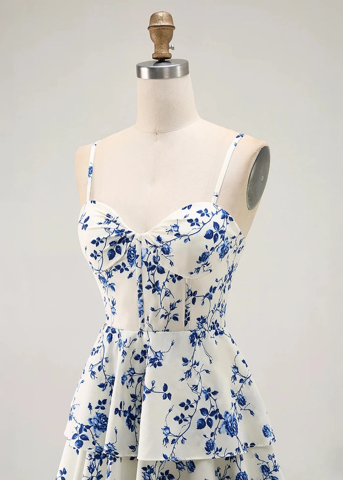 Rhea Floral Blue Prom Dress Ruffles | A - Line Spaghetti Strap Tiered Formal Dress with Slit - Blue Floral - PromDressClub