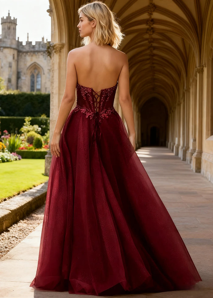 Rhea Burgundy Corset Glitter Prom Dress | A - Line Strapless Floor Length Formal Dress with Slit - Burgundy - PromDressClub