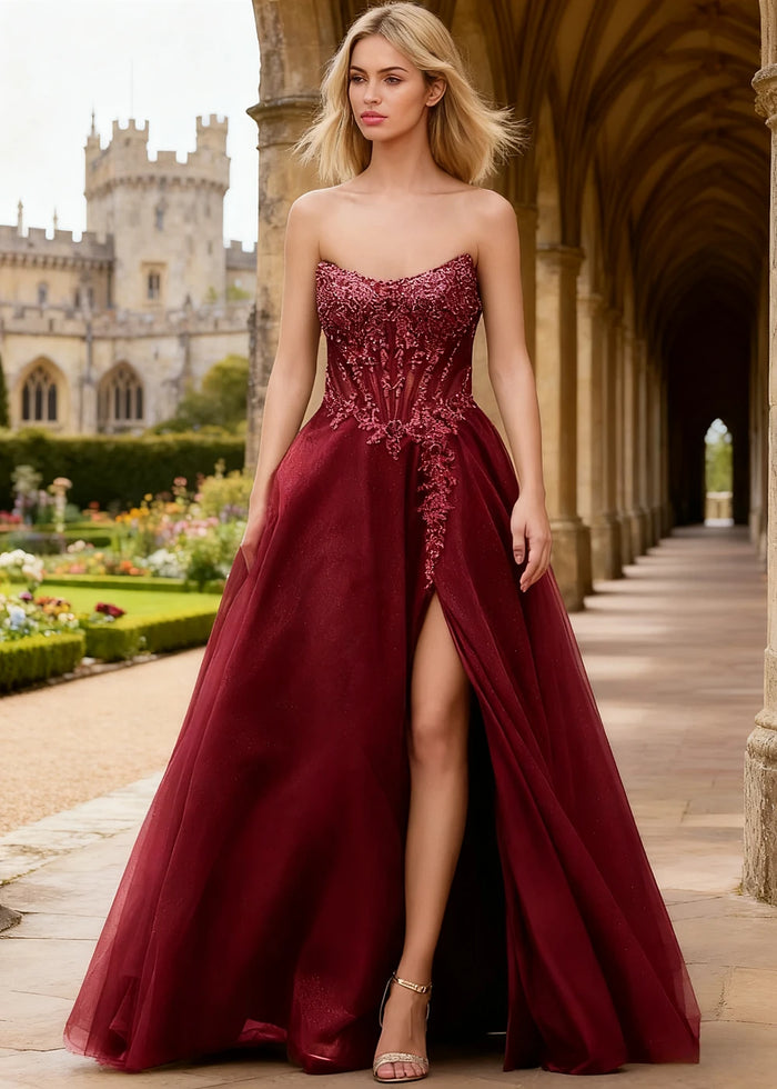 Rhea Burgundy Corset Glitter Prom Dress | A - Line Strapless Floor Length Formal Dress with Slit - Burgundy - PromDressClub