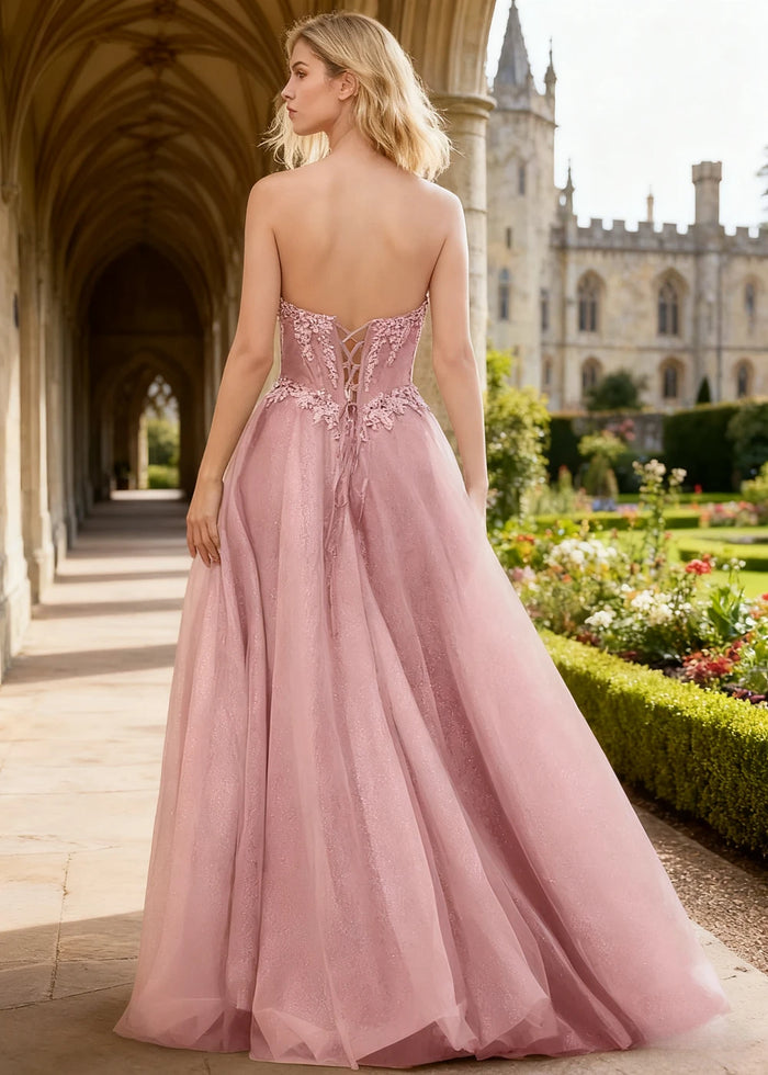 Rhea Pink Corset Glitter Prom Dress | A - Line Strapless Floor Length Formal Dress with Slit - Pink - PromDressClub