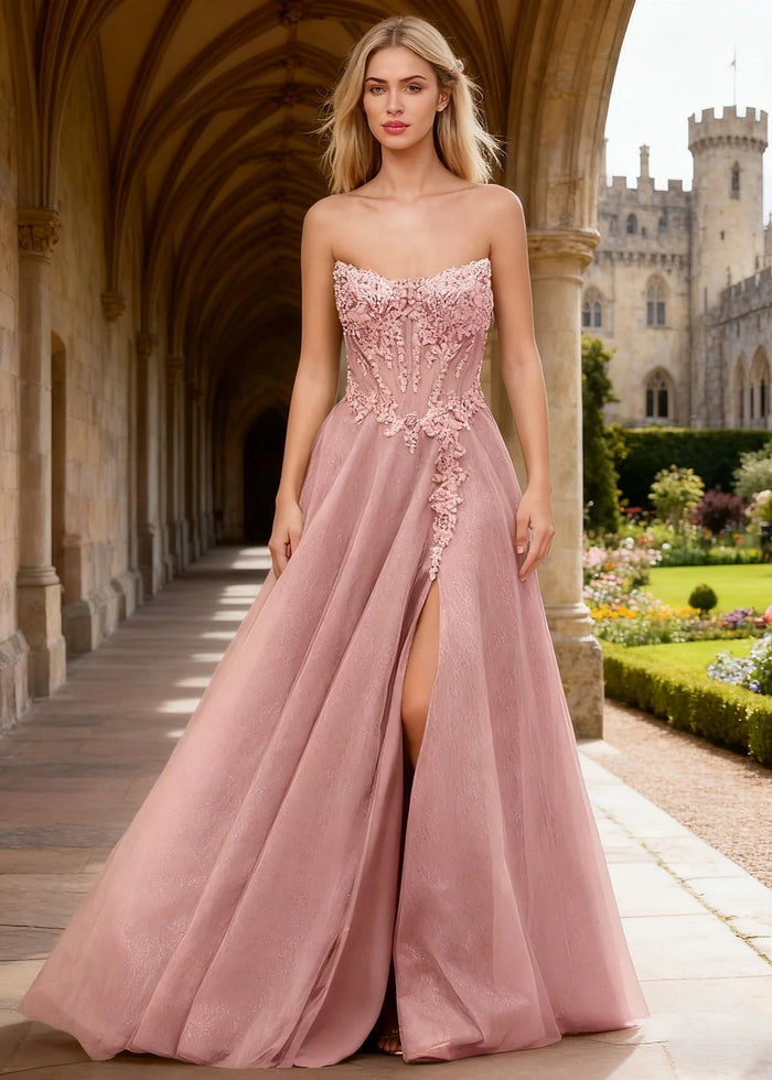Rhea Pink Corset Glitter Prom Dress | A - Line Strapless Floor Length Formal Dress with Slit - Pink - PromDressClub