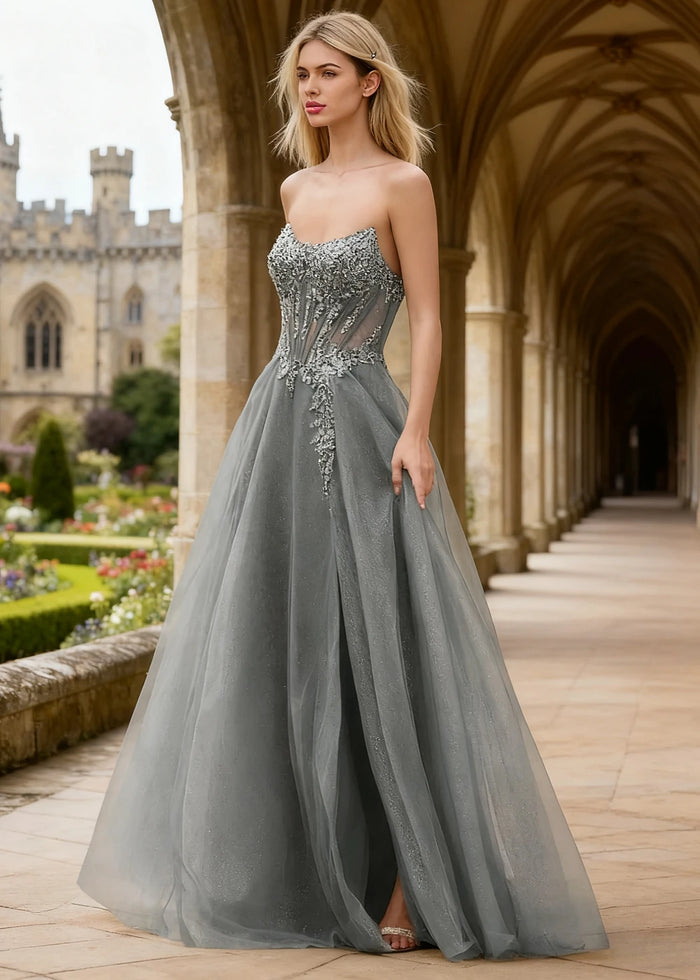 Rhea Silver Corset Glitter Prom Dress | A - Line Strapless Floor Length Formal Dress with Slit - Silver - PromDressClub