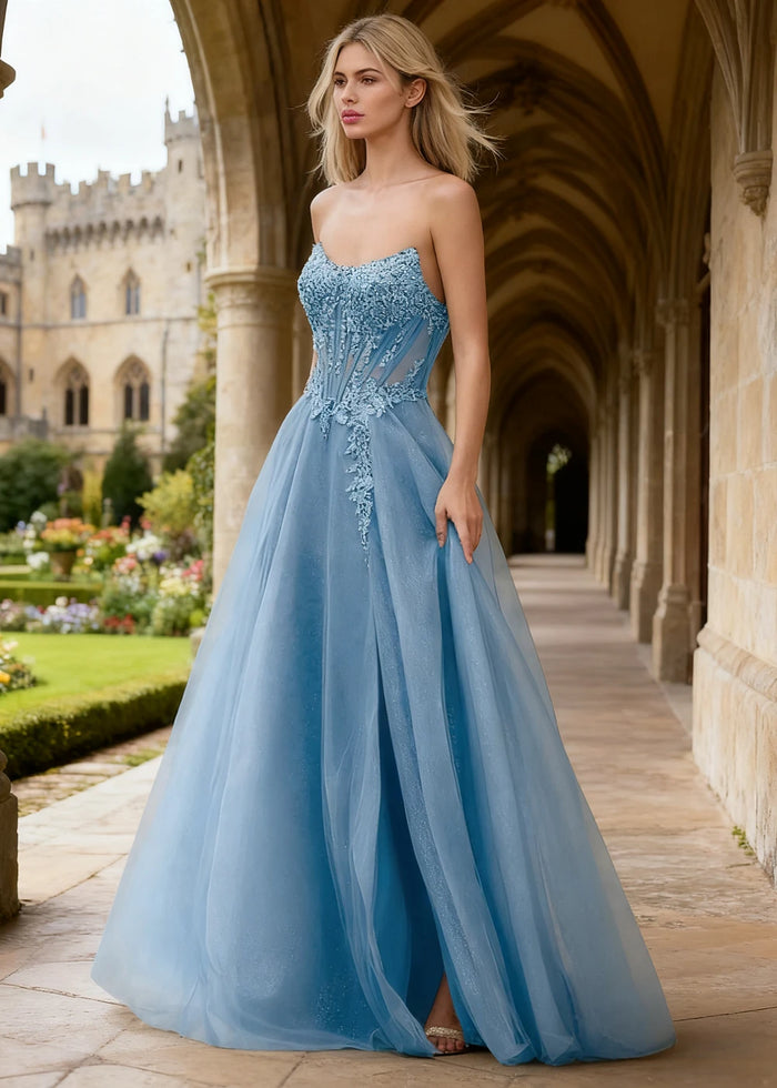 Rhea Sky Blue Corset Glitter Prom Dress | A - Line Strapless Floor Length Formal Dress with Slit - Sky Blue - PromDressClub