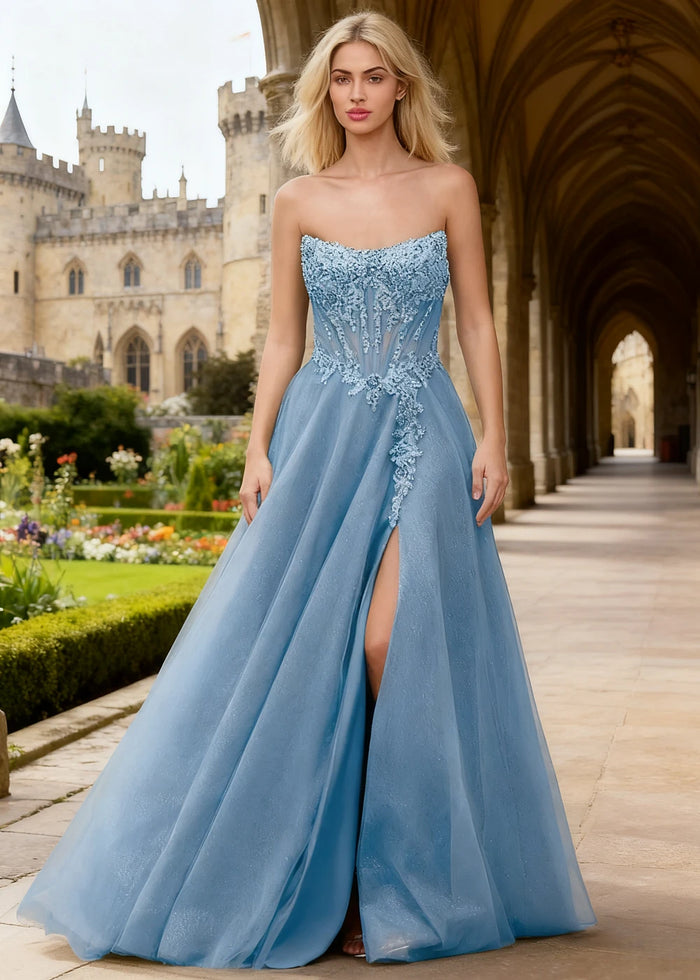 Rhea Sky Blue Corset Glitter Prom Dress | A - Line Strapless Floor Length Formal Dress with Slit - Sky Blue - PromDressClub