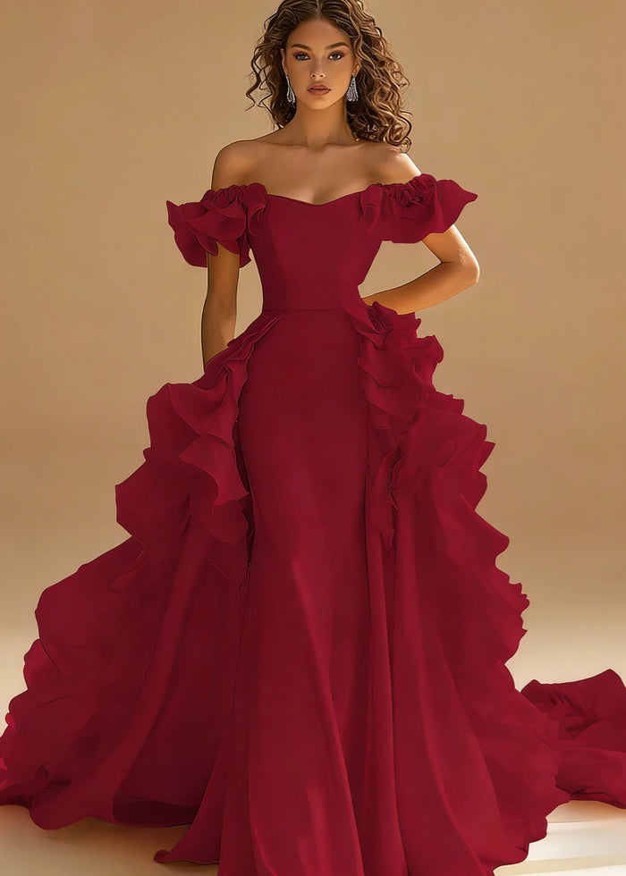Riona Satin Yellow Ruffle Prom Dress | A - Line Off the Shoulder Tiered Strapless Formal Dress - Burgundy - PromDressClub