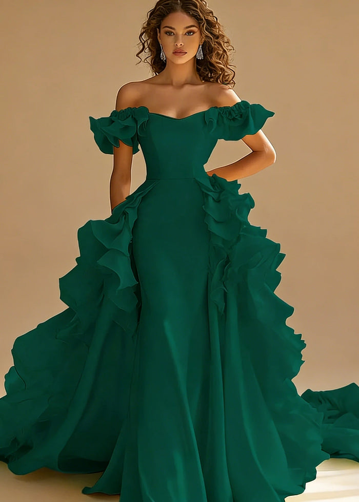 Riona Satin Yellow Ruffle Prom Dress | A - Line Off the Shoulder Tiered Strapless Formal Dress - Dark Green - PromDressClub