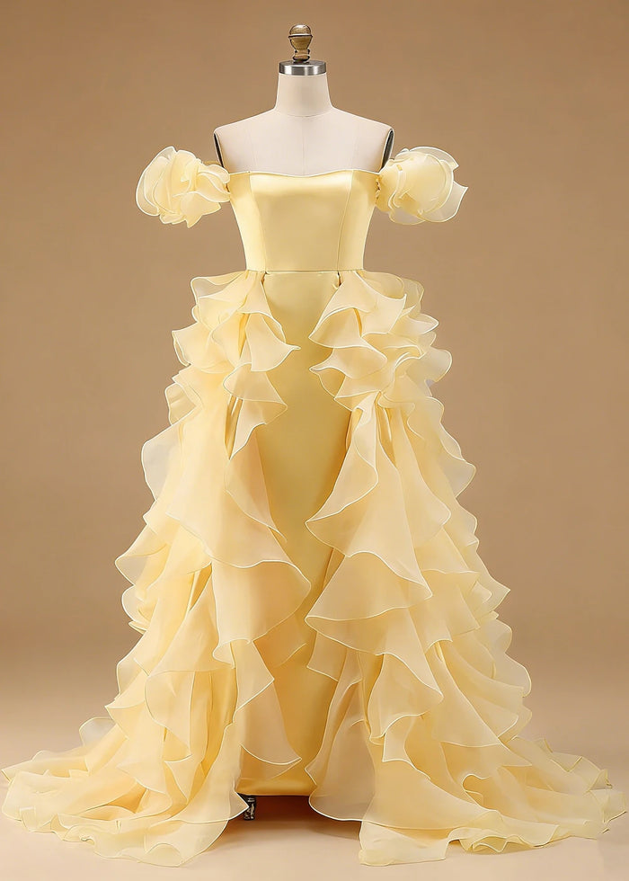 Riona Satin Yellow Ruffle Prom Dress | A - Line Off the Shoulder Tiered Strapless Formal Dress - Royal Blue - PromDressClub