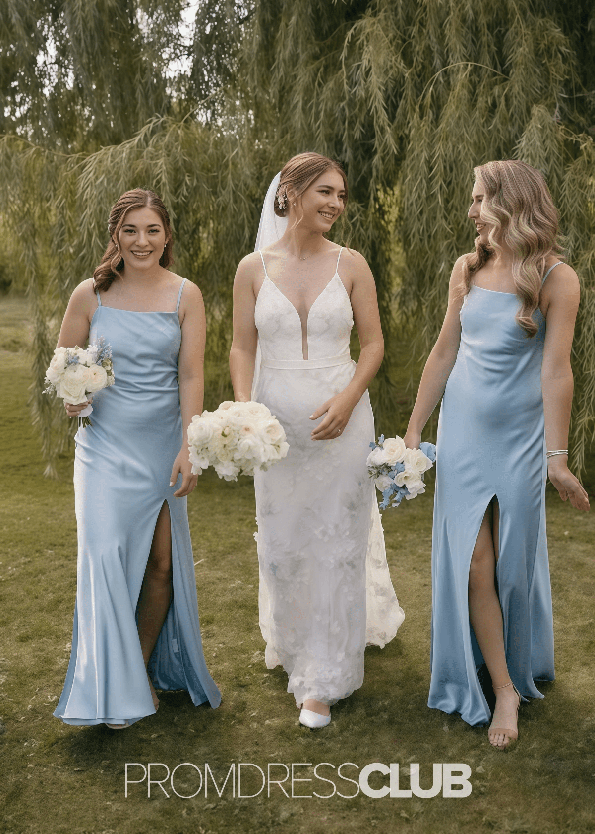 Roberta | Sheath Column Pleats Bow and Slit Light Blue Satin Long Bridesmaid Dress - Light Blue - PROMDRESS Club