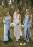 Roberta | Sheath Column Pleats Bow and Slit Light Blue Satin Long Bridesmaid Dress - Light Blue - PROMDRESS Club