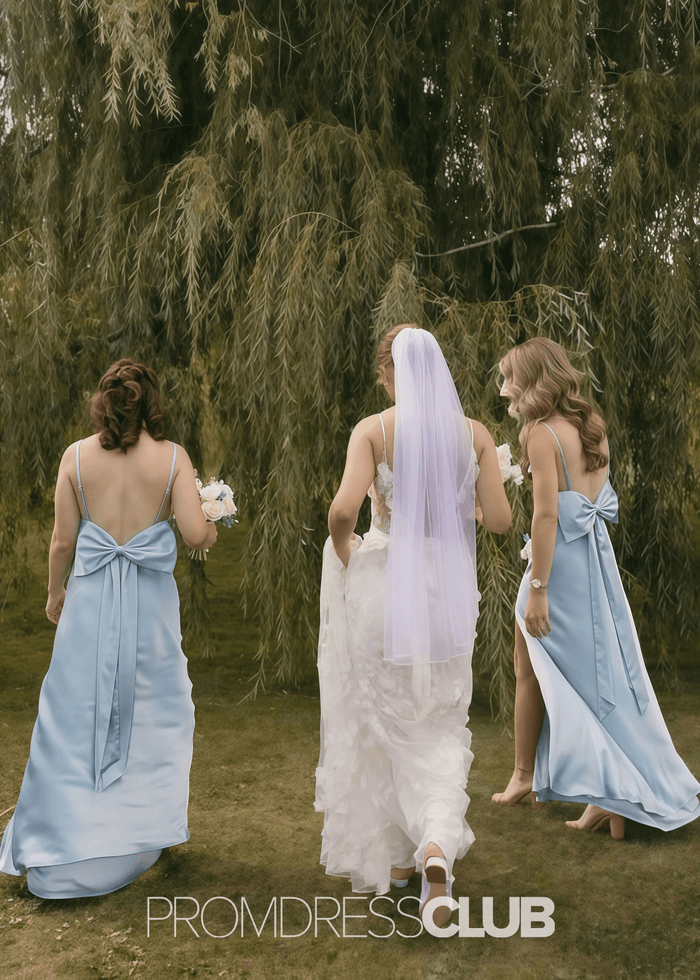 Roberta | Sheath Column Pleats Bow and Slit Light Blue Satin Long Bridesmaid Dress - Price #price_variant_lowest# - Light Blue - PromDressClub