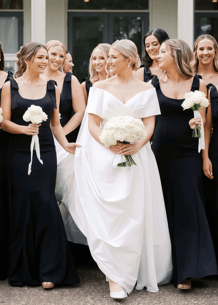 Rose | Trumpet Mermaid Bows Black Satin Maxi Bridesmaid Dress - Price #price_variant_lowest# - Black - PromDressClub