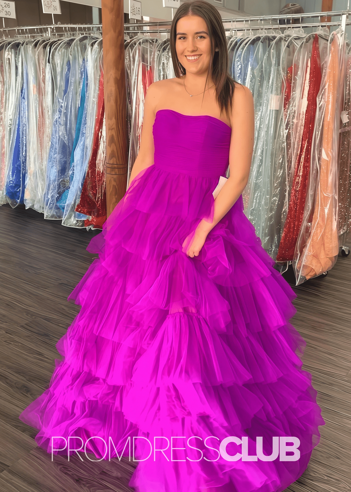 Sandra |Burgundy Long Prom Dresses With A - Line Strapless Tiered Tulle Ruffles - Fuchsia - PromDressClub